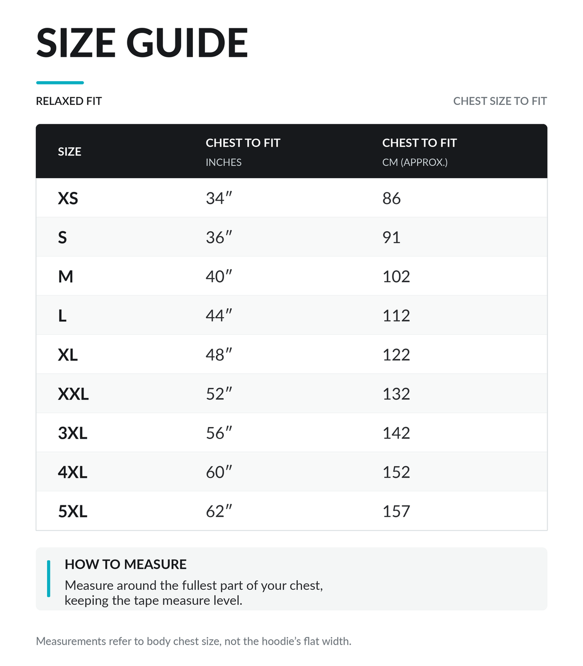 Relaxed-fit hoodie body chest size guide in inches and approximate centimetres. Measure around the fullest part of your chest, keeping the tape level. Measurements are body chest sizes, not garment flat widths. See available product sizes before ordering.